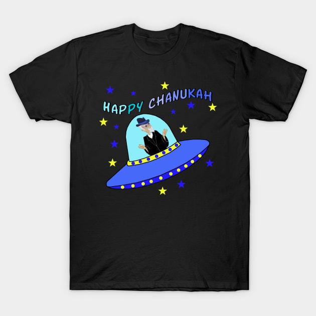 Happy Chanukah Flying Rabbi in Spaceship T-Shirt by Lynndarakos